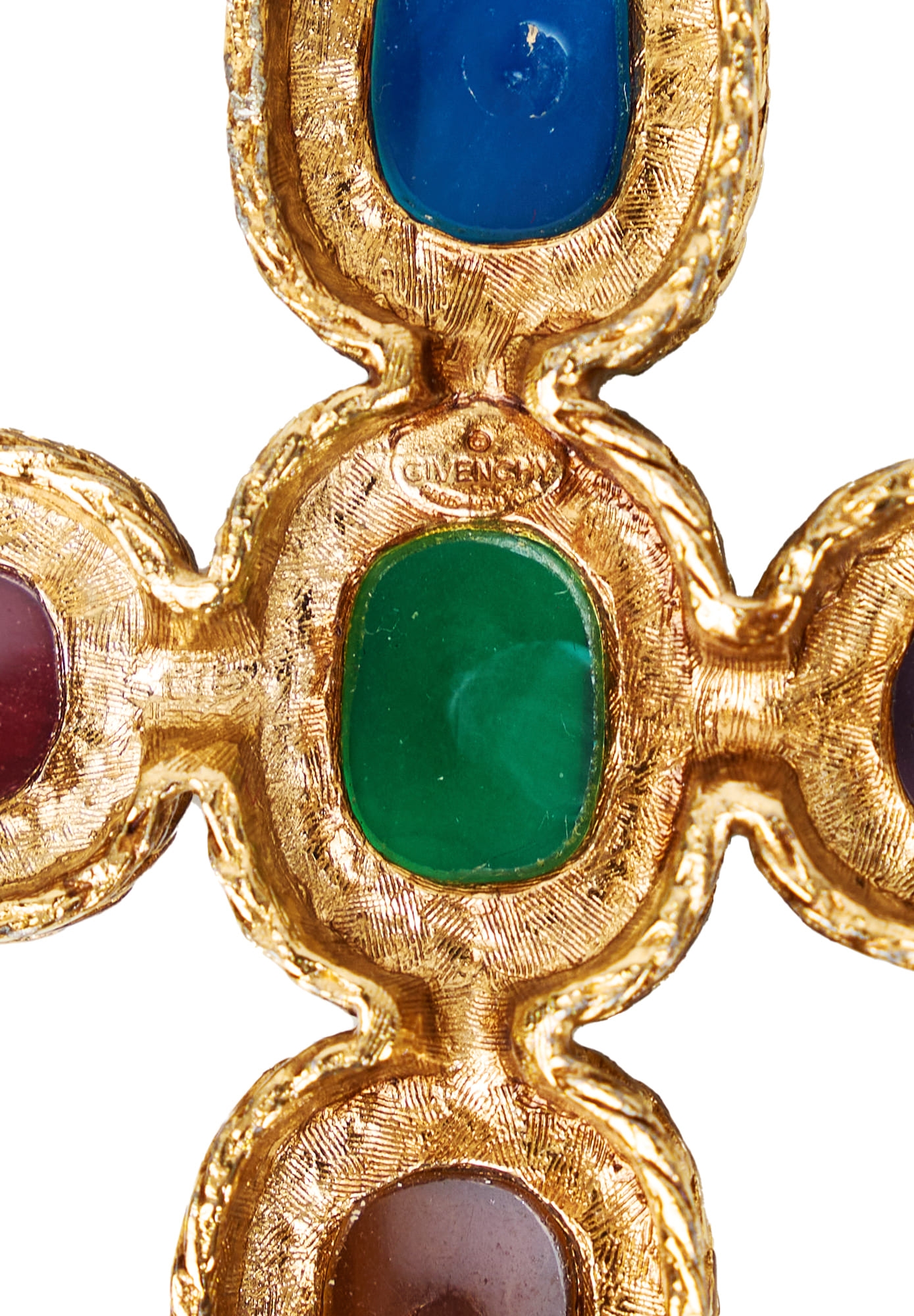 Золотистая брошь Givenchy с разноцветными кабошонами