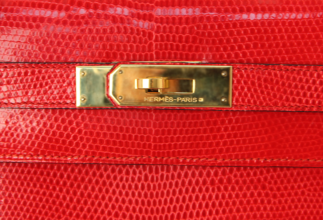 Красная сумка Hermès Kelly 32 из кожи ящерицы