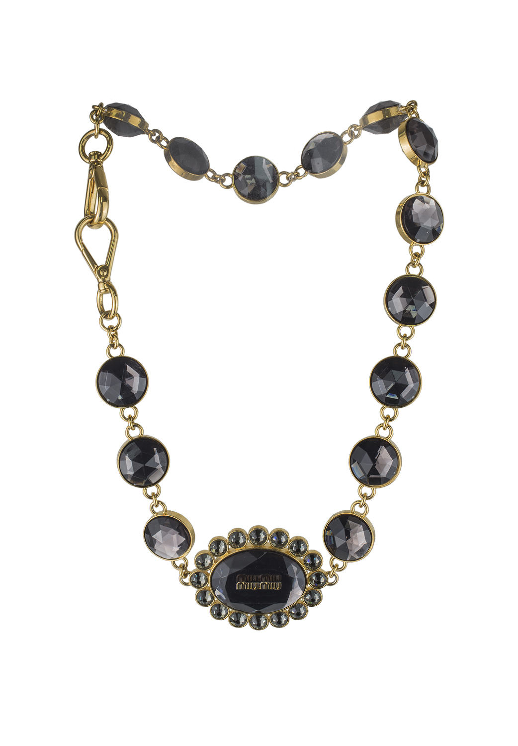 Золотистое колье Miu Miu с серыми кристаллами