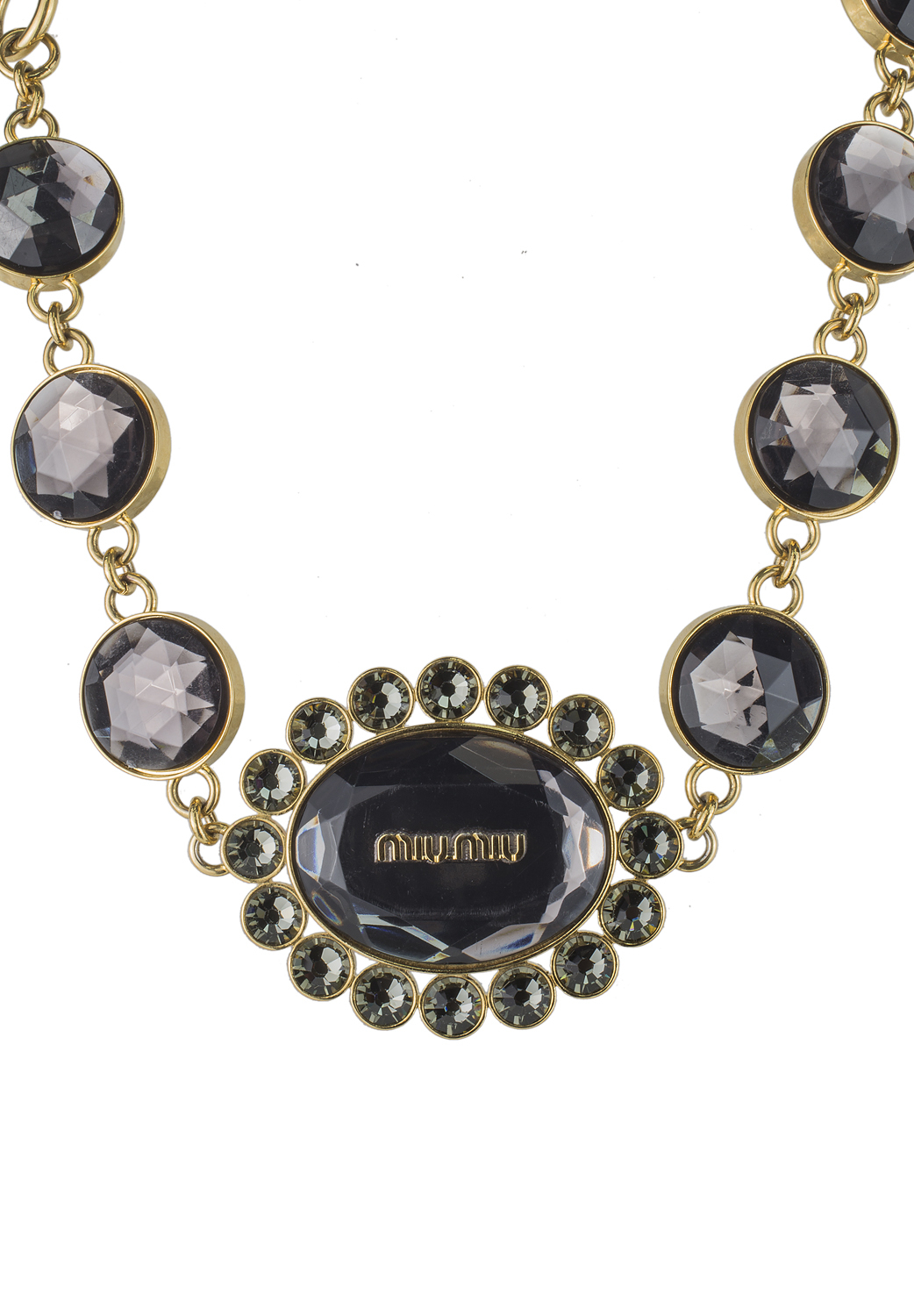 Золотистое колье Miu Miu с серыми кристаллами