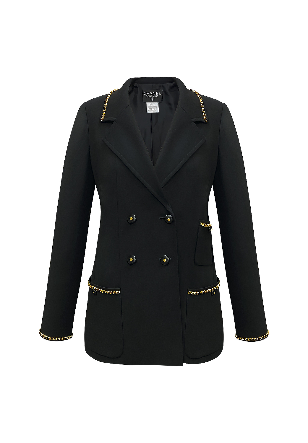 Двубортный черный жакет Chanel с цепями